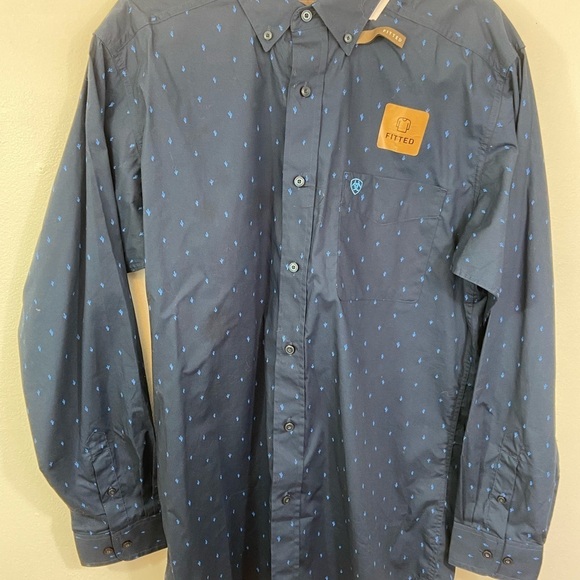 Ariat Men's Pollerd Shirt Large Long Sleeve Fitted Dark Blue Cactus Print Button - Picture 3 of 14